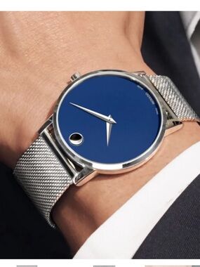 Movado Blue Dial Museum Watch Stainless Steel Mesh Band Swiss Made 36mm